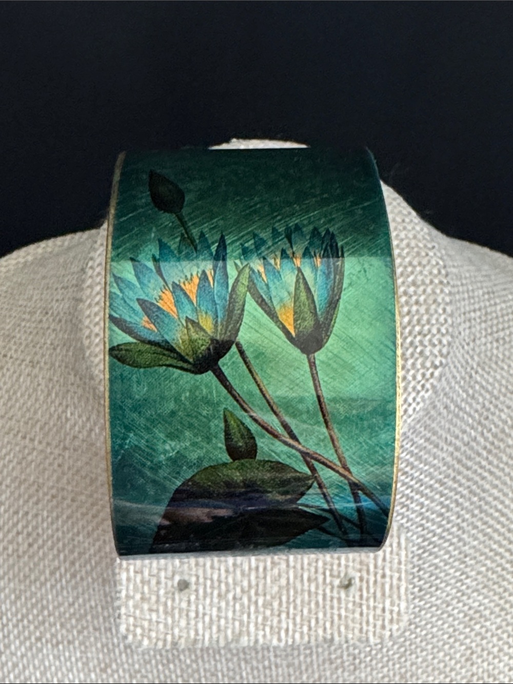 VTG Brass Blue Water Lily Cuff Bracelet